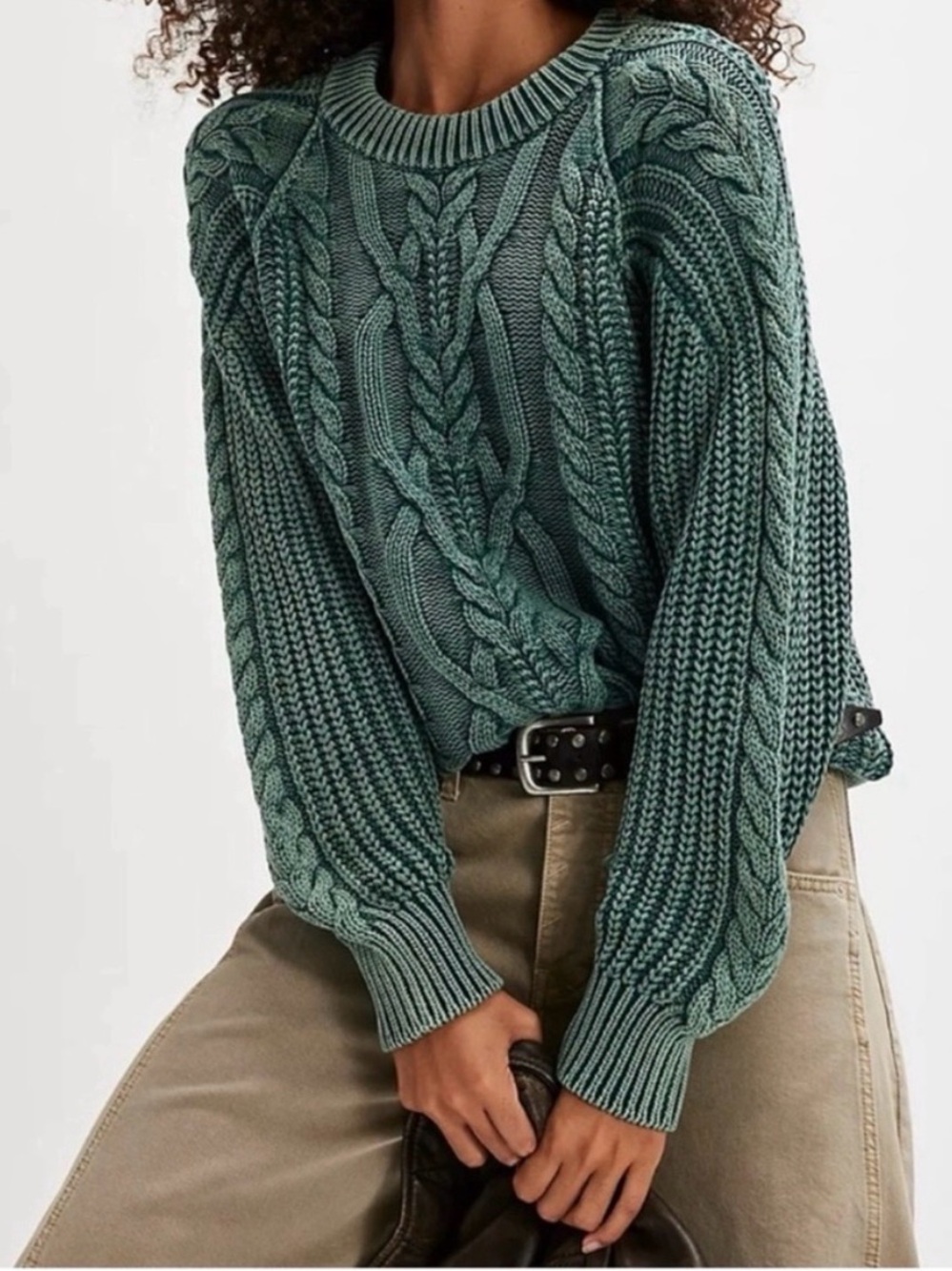 Free People Frankie Cable Knit Green Sweater 'Sea Spray' Fisherman Medium M